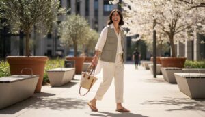 Luźne spodnie ze ściągaczem i japonki z kolekcji Uniqlo U to przepis na idealną stylizację wiosenną