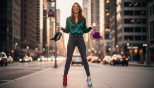 Szare jeansy z wysokim stanem to idealny model dla kobiet w każdym wieku. Do tych butów pasują najle