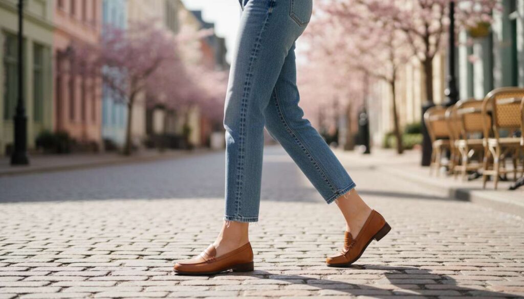 Jeansy do kostek i skórzane mokasyny to wiosenny duet godny Carolyn Bessette-Kennedy