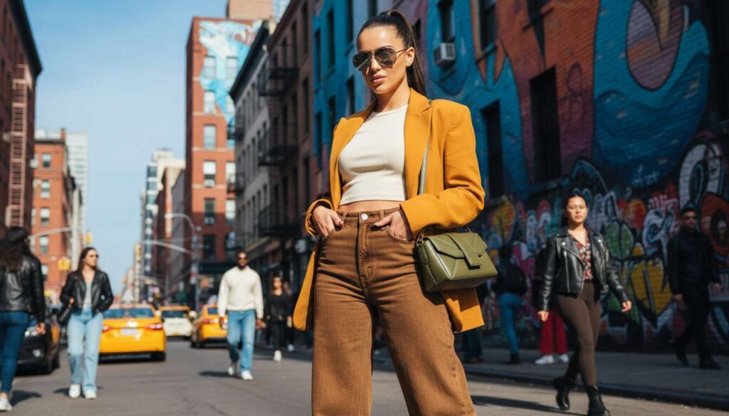 3 gotowe pomysły na stylizacje z brązowymi jeansami z wysokim stanem